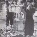 Foto preto e branco Peniche Antigo de Homens do mar transportando peixe nos anos 40